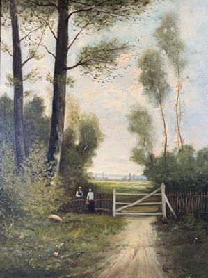 a painting of a man and a woman walking down a dirt road