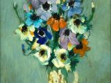 une peinture de fleurs dans un vase sur une table