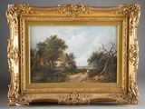 a painting of a farm scene with a house in the distance