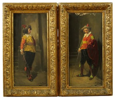 une paire de peintures à l'huile représentant un homme et une femme en costumes d'époque