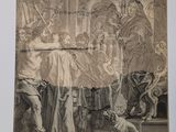 a picture of a drawing of a man and a woman with a dog