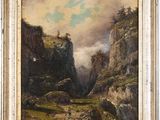 a painting of a mountain scene with a castle in the distance