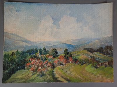 tableau représentant une vue d'un village dans une vallée, avec des collines en arrière-plan