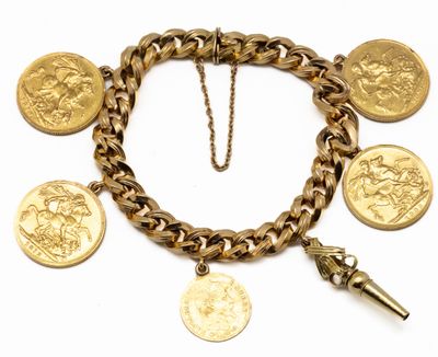 an image of a gold bracelet with coins and a chain