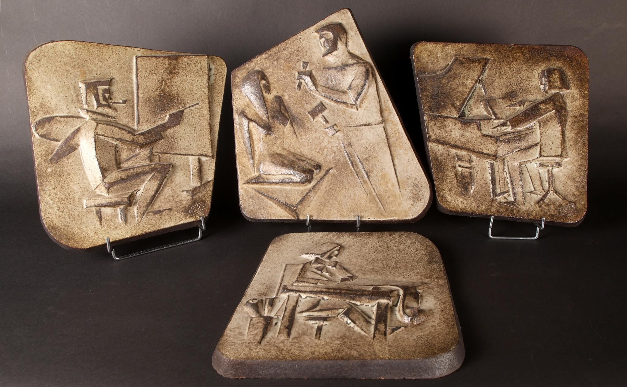 Joseph NELIS (vers 1960) Les quatre Arts majeurs Suite de quatre Plaques en terre cuite émaillée, monogrammées et ann...