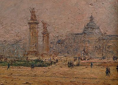 peinture représentant une ville avec une tour horloge en arrière-plan