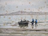 une peinture représentant un groupe de personnes sur un bateau dans l'eau