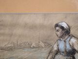 drawing of a woman sitting on a beach with a boat in the background