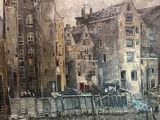un tableau représentant une scène urbaine avec des bâtiments et un pont