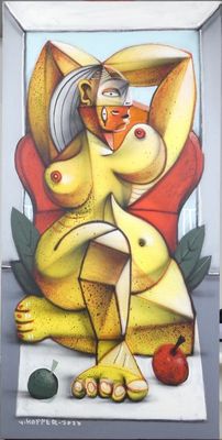 un tableau représentant une femme assise sur une chaise avec un chat
