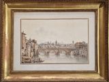 peinture d'une vue d'une ville avec un pont sur une rivière