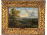 a painting of a landscape with a river and trees in the foreground