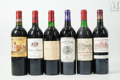 six bouteilles de vin sont alignées sur une surface blanche