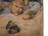 painting of a boy laying on the ground next to a dog