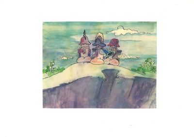 a picture of a painting of a castle on a cliff