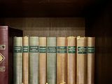 many books on a shelf in a library
