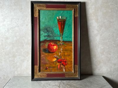 a picture of a painting of a glass of wine on a table