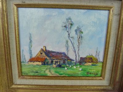 une peinture à l'huile représentant une scène de vie à la ferme avec des moutons paissant dans un champ