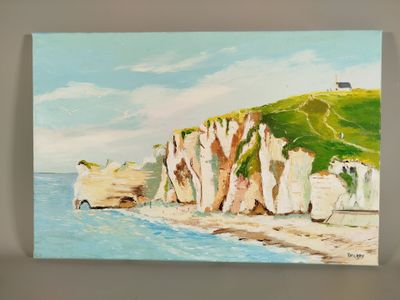 une peinture à l'huile représentant une plage et des falaises, avec un bateau dans l'eau