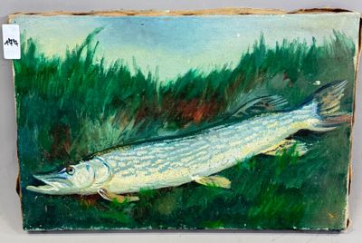 a painting of a fish that is on a piece of wood