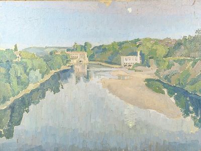 a painting of a painting of a river and a building