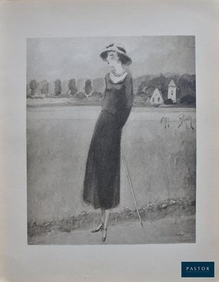 une vieille photo d'une femme en robe et chapeau, tenant un club de golf