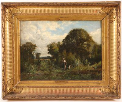 a painting of a man and a dog in a field