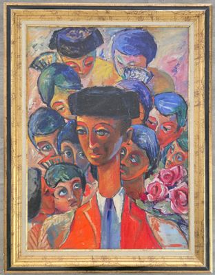 tableau représentant un homme avec une foule derrière lui