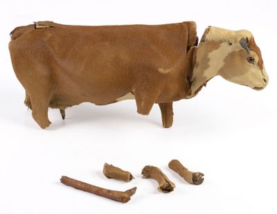 une vache qui se tient à côté de quelques morceaux de bois