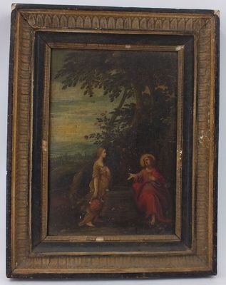 tableau représentant deux femmes dans un décor boisé, en compagnie d'un chien