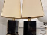 deux lampes posées sur une étagère en verre dans une pièce