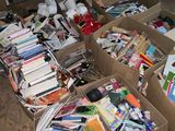 many boxes full of books and papers on the floor