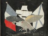 an image of a painting of a bird with a flag and a ship