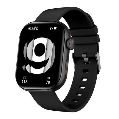 an image of a smart watch with a black band on a white background