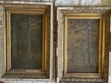 deux tableaux encadrés représentant une scène de forêt sur un mur de pierre