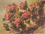 painting of a bush of pink flowers with green leaves on a beige background