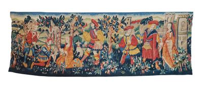 an image of a tapestry with a group of people in a forest