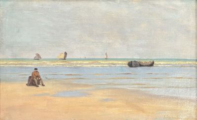 an image of a painting of a man sitting on a beach next to a boat