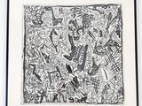 a black and white drawing of a group of people in a room