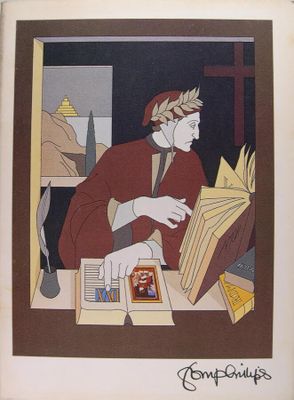 un tableau représentant un homme assis à une table en train de lire un livre