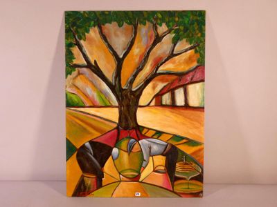painting of a painting of a horse and a tree on a table