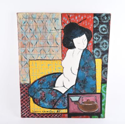 l'image d'un tableau représentant une femme assise sur un canapé