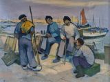 tableau représentant un groupe d'hommes assis sur une jetée au bord d'un plan d'eau