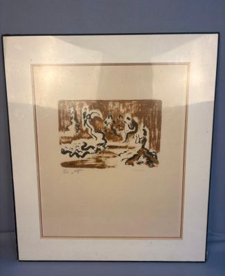 tableau représentant un groupe de chevaux galopant dans un champ, avec un homme à cheval à l'arrière-plan
