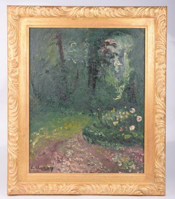 une peinture à l'huile représentant une scène forestière avec des fleurs au premier plan