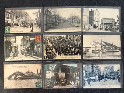several old black and white photos of people and vehicles on a street