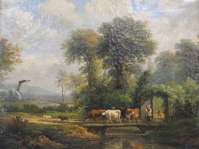 École du début du XIXe siècle Paysanne emmenant son troupeau