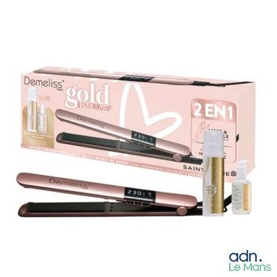 Ensemble 2 en 1 « lisseur et brosse » doré, présenté dans un coffret