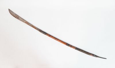 a man holding a knife in his hand on a white background
