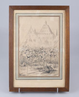 un dessin représentant un groupe d'hommes dans un champ, avec un bâtiment en arrière-plan